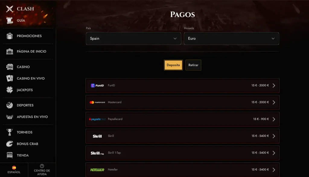 Legiano Casino métodos de depósito